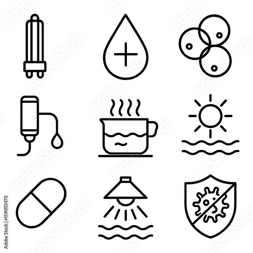 Water Disinfection Icons. Outline style icons of Water Disinfection: UV lamp icon, chlorination drop, ozone bubble, chemical