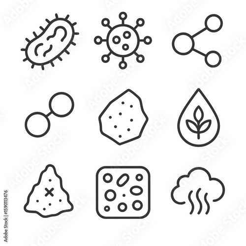 Contaminants Removal Icons. Outline style icons of Contaminants Removed: bacteria icon, virus symbol, heavy metals icon, chlorine