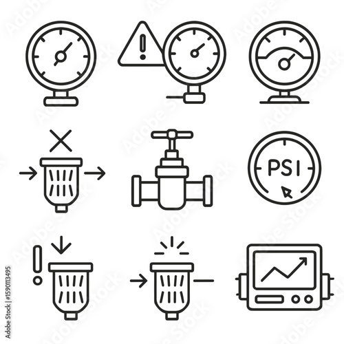 Filtration Pressure Icons. Outline style icons of Filtration Pressure Indicators: pressure gauge icon, too high alert, normal