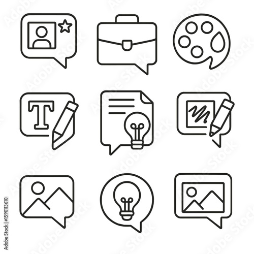 Design Messaging Icons. Outline style icons of Artistic and Design Messaging: design critique bubble, portfolio chat icon, color