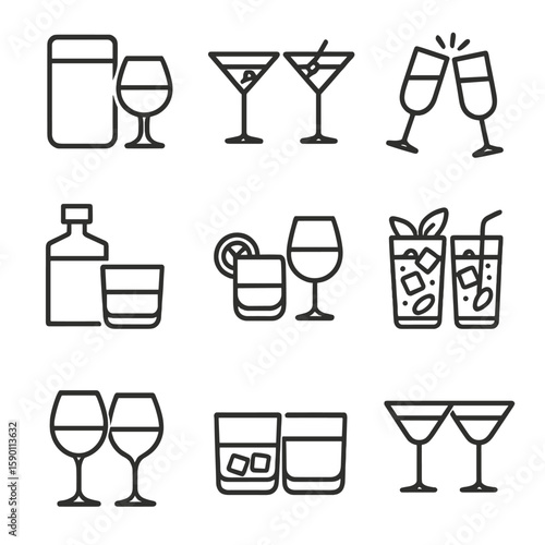 Outline Drink Icons. Outline style icons of Dual Glass Combos: couple’s drink glass, two martinis, clinking champagne flutes,