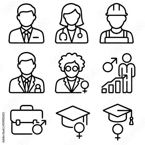 Professional Role Icons. Outline style icons of Professional Gender Roles: male office icon, female doctor outline, gender-neutral