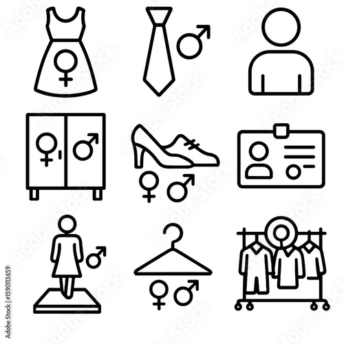 Gender-Inclusive Fashion Icons. Outline style icons of Gender and Fashion: dress with Venus sign, necktie with Mars icon, unisex