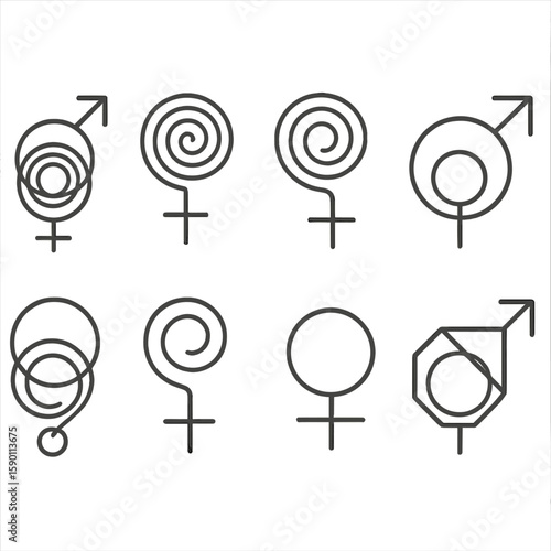 Abstract Gender Icons. Outline style icons of Abstract Gender Concepts: concentric lines with gender, swirl motion gender sign,