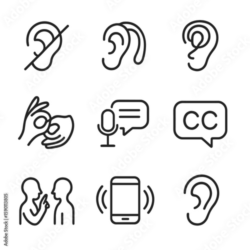 Accessibility Icons. Outline style icons of Hearing Impairment Accessibility: ear with line through it, hearing aid device,