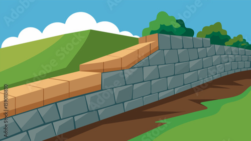 A retaining wall constructed using locallysourced stones mimicking the natural stone walls that dot the surrounding landscape.. Vector illustration