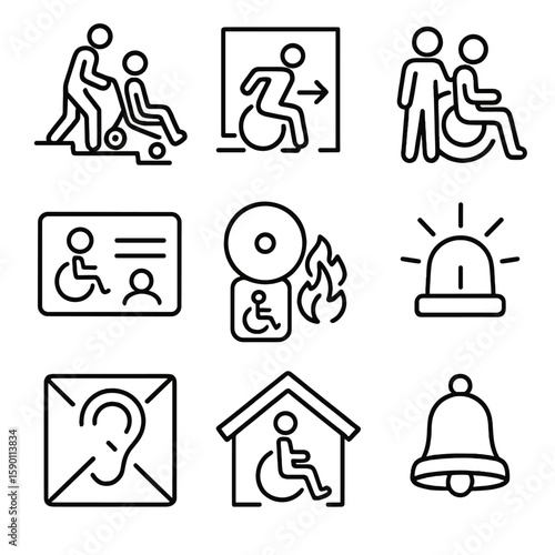 Emergency Accessibility Icons. Outline style icons of Emergency Accessibility: evacuation chair, accessible emergency exit, rescue