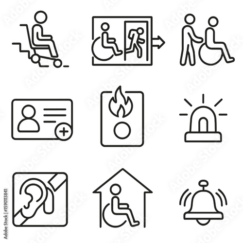 Emergency Accessibility Icons. Outline style icons of Emergency Accessibility: evacuation chair, accessible emergency exit, rescue