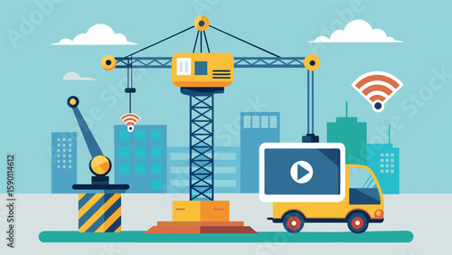A smart crane equipped with sensors and cameras providing 360degree views of the construction site to the project managers mobile device.. Vector illustration