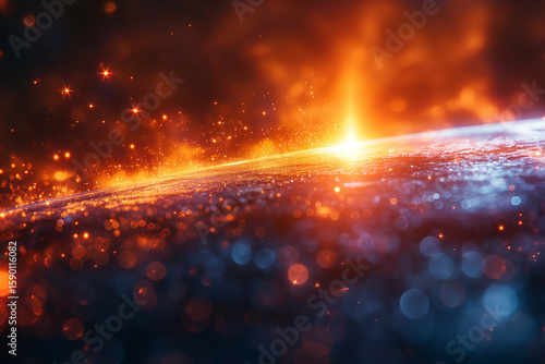 Sci-Fi Sunrise Over Futuristic Planet Surface, Transparent PNG. Glowing Particles