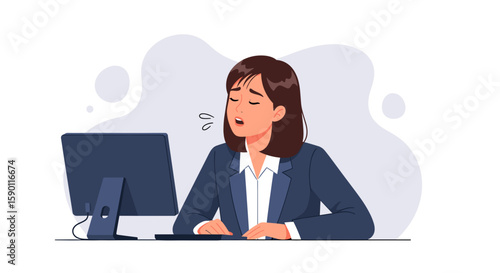 Illustration of a tired businesswoman yawning at her computer, perfect for articles about burnout, stress, or workplace wellness.