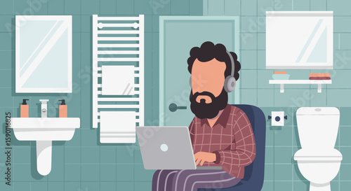 Illustration of a man working on his laptop in a bathroom, perfect for articles about remote work, work-life balance, or unusual workspaces.