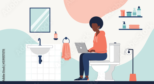 Illustration of a woman working on a laptop while sitting on a toilet in a bathroom, perfect for articles on work-life balance, remote work challenges, or humorous social media posts.