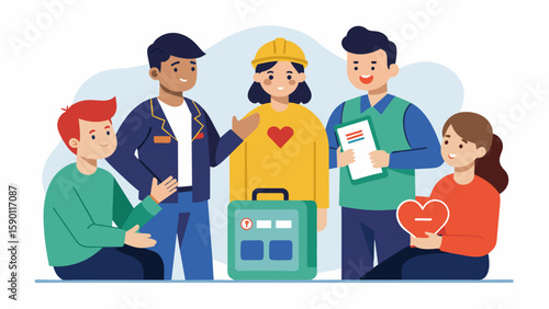 A worker confidently demonstrates the correct use of an AED automated external defibrillator on a fellow trainee as others observe and take notes.. Vector illustration