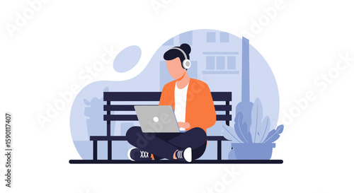 Person working on laptop outdoors, ideal for blog posts about remote work, freelancing, or digital nomadism.