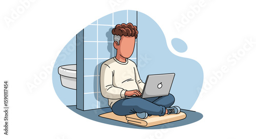 Illustration of a person working on a laptop in a bathroom, perfect for articles on remote work, work-life balance, or unusual workspaces.