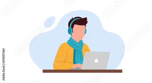 Illustration of a person working on a laptop, perfect for blog posts, website banners, or social media updates about remote work, online learning, or freelancing.