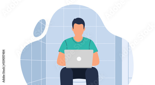 Illustration of a person working on a laptop in a bathroom, perfect for articles on work-life balance, remote work challenges, or humorous social media posts.
