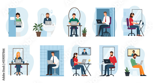 Illustration of people working remotely from unconventional locations, perfect for articles on remote work, work-life balance, or flexible work arrangements.