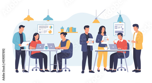Illustrative depiction of a modern office team collaborating, ideal for website banners, presentations, or internal communications.