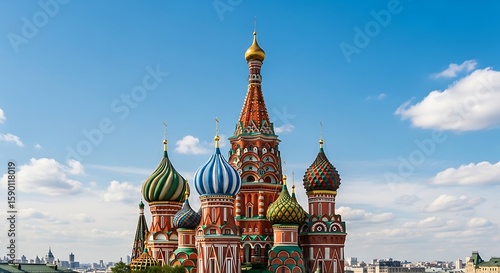 Iconic Russian Orthodox Cathedral with Colorful Onion Domes Against a Blue Sky with Clouds Symbolizing Faith and Architectural Heritage