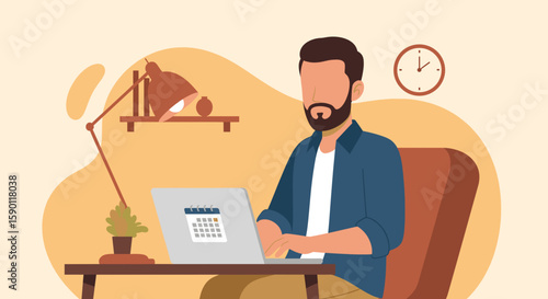 Illustration of a man working on his laptop, perfect for blog posts about productivity, remote work, or time management.
