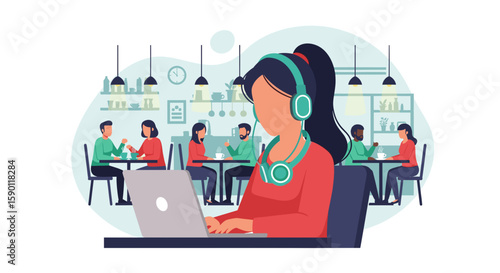 Woman working on laptop in a cafe, ideal for blog posts about remote work, freelancing, or the digital nomad lifestyle.