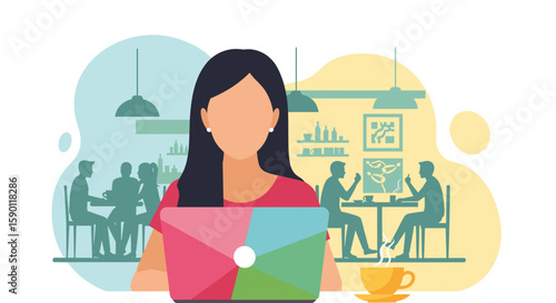 Woman working on laptop in cafe, perfect for blog posts about remote work, freelance lifestyle, or coffee shop culture.