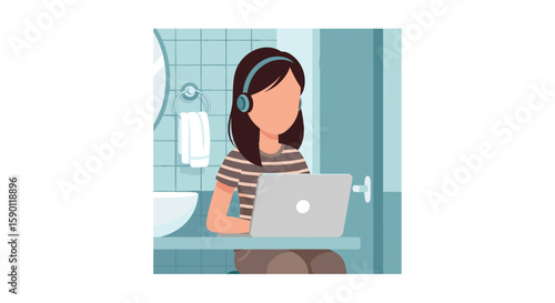 A woman working on her laptop in a bathroom, perfect for illustrating remote work, flexible schedules, or multitasking. Ideal for blog posts, articles, or social media.