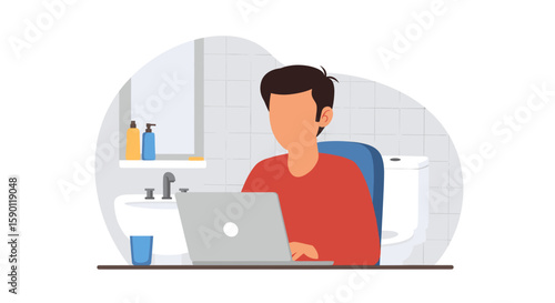 Illustration of a person working on a laptop in a bathroom, perfect for articles on remote work, work-life balance, or unusual workspaces.