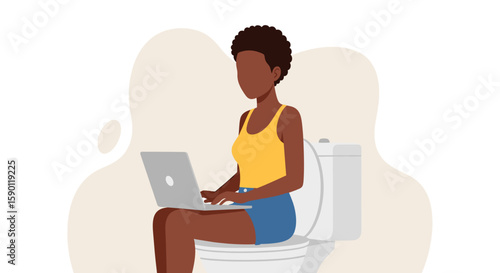 Illustration of a woman working on a laptop while sitting on a toilet; perfect for articles on work-life balance, remote work, or humorous social media posts.