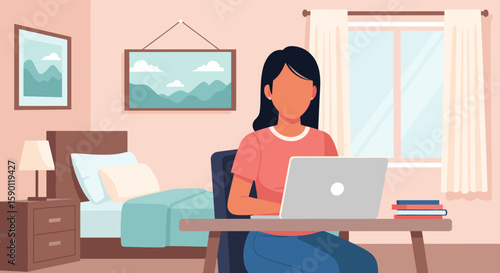 Woman working from home on laptop, ideal for blog posts about remote work, productivity, or freelance life.