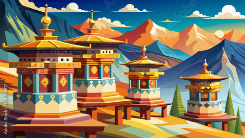 Thimphu, Bhutan – Prayer wheels spin beside traditional Bhutanese buildings and mountainous horizons, ideal for peaceful, spiritual, and ornate vector storytelling.