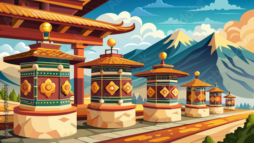 Thimphu, Bhutan – Prayer wheels spin beside traditional Bhutanese buildings and mountainous horizons, ideal for peaceful, spiritual, and ornate vector storytelling.