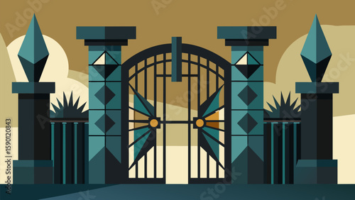 A sculptural metal gate at the entrance featuring abstract shapes and patterns inspired by the neighborhoods industrial past.. Vector illustration