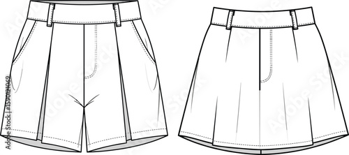 Women’s pleated shorts sketch front views, waistband with belt loops, side pockets, hem variations, structured silhouette, technical fashion garment illustration