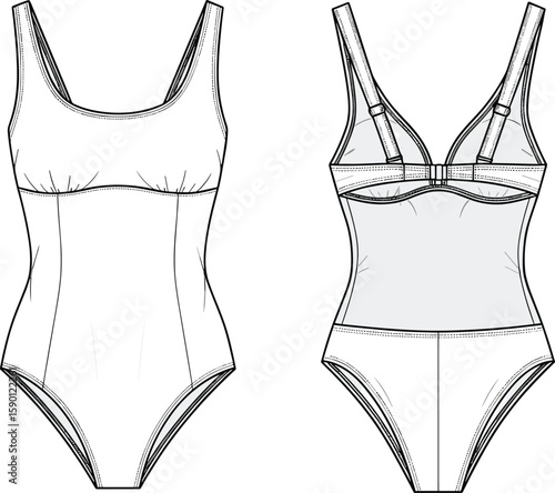Women’s one-piece swimsuit sketch front views, scoop neckline and mesh panel variations, underwire cups, adjustable straps, technical fashion garment illustration