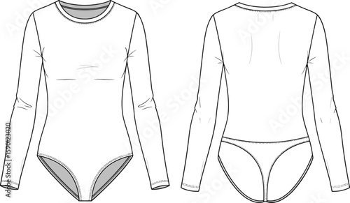 Women’s long-sleeve bodysuit sketch front and back views, round neckline, high-cut leg openings, structured seam details, fitted silhouette fashion garment illustration