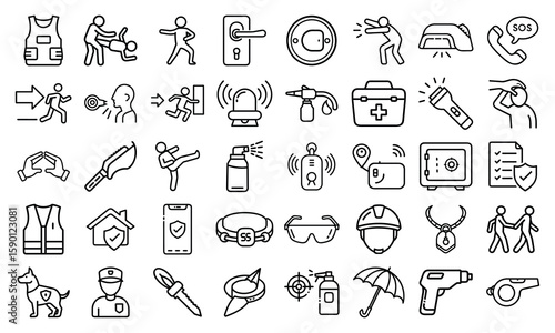 Collection of security and safety icons in outline style