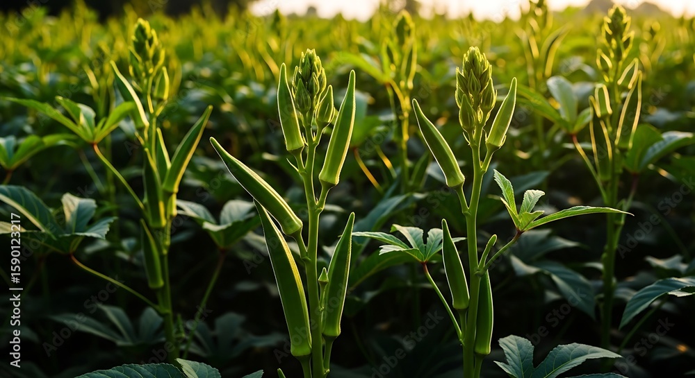 Obraz premium Lush green okra plants bearing abundant pods under the soft glow of sunset in a vast agricultural field showcasing organic farming and healthy vegetable growth