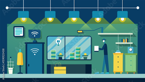 A retail space utilizing energyefficient lighting and sensor systems reducing energy consumption and costs.. Vector illustration