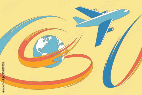 Illustrated airplane soaring around the world, showing global travel and international business with vibrant design.