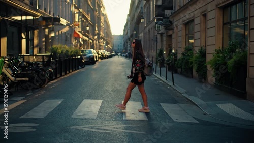 Woman tourist crossing pedestrian crossing walking through the streets of Paris. Beautiful architecture of the capital of France, walking through historical tourist attractions.