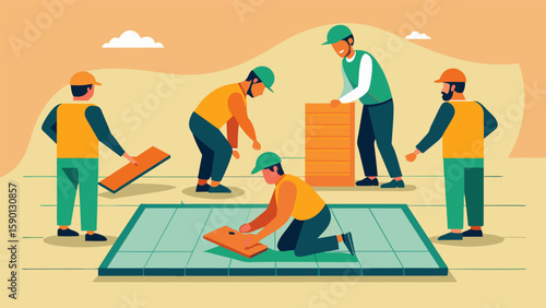 A team of workers swiftly installing prefabricated flooring panels eliminating the need for timeconsuming onsite floor construction and highlighting. Vector illustration