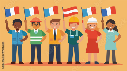 A row of workers proudly hold up their respective countrys flag symbolizing the diversity and unique backgrounds of the individuals laboring side by. Vector illustration