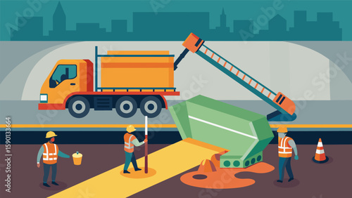 A worker operates a concrete pumper truck filling the underpass walls with liquid concrete as others use tools to smooth out the surface.. Vector illustration