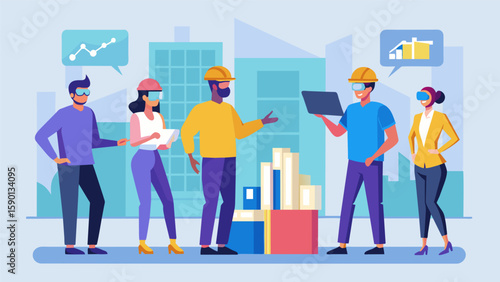 A group of architects using virtual reality technology to assess the sites progress and make changes to the interior layout.. Vector illustration