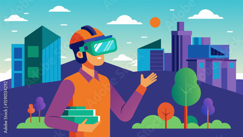 An architect uses a VR headset to visualize the landscaping and outdoor amenities of a proposed residential complex.. Vector illustration