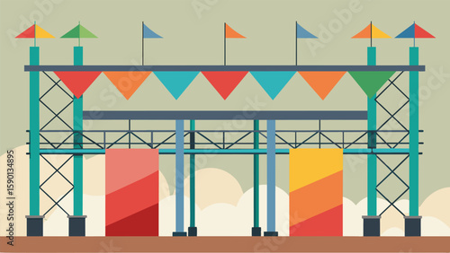 A metal framework spanning the height of the building with colorful banners and flags hanging from it creating a sense of movement and vitality to the. Vector illustration