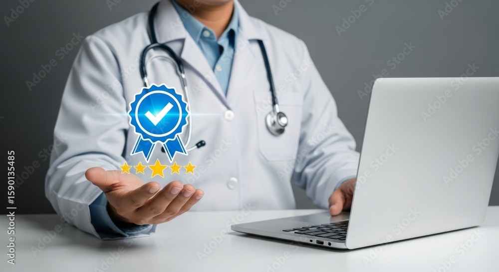 Doctor holding a quality award badge with stars and a laptop, symbolizing excellence in healthcare services Doctor holding a quality award badge with stars and a laptop, symbolizing excellence in healthcare services